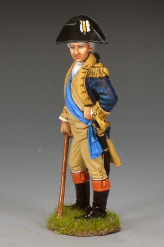 Model of a historical George Washington in period attire with a cane on a gray background