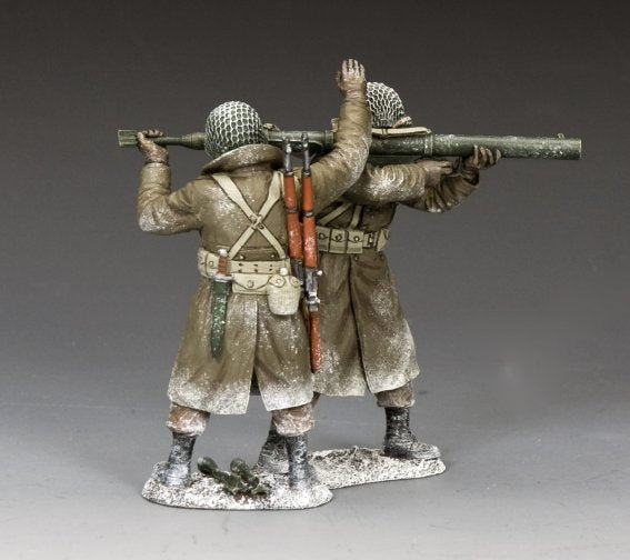 Rear view of WWII U.S. Bazooka team in winter gear, one aiming the launcher as the other loads. 1/30 scale Battle of the Bulge set.