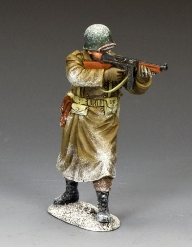 Toy Soldier WWII U.S. infantry sergeant with Thompson submachine gun in winter gear, Battle of the Bulge. 1/30 scale matte figure.