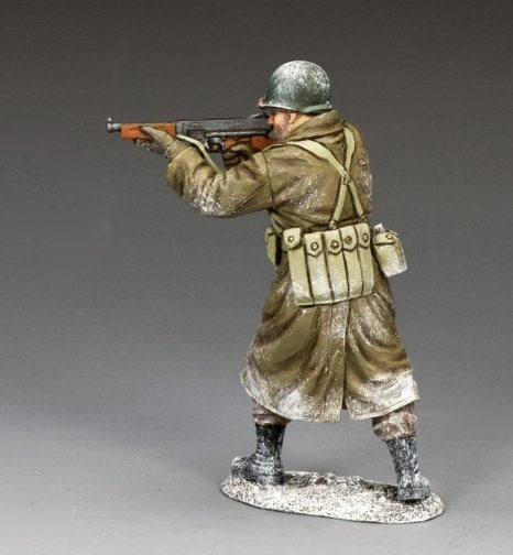 WWII U.S. infantry sergeant with Thompson submachine gun in winter gear, Battle of the Bulge. 1/30 scale matte figure.