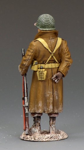 Rear view of U.S. WWII GI winter uniform standing at ease with a BAR, 1/30 scale matte figure.