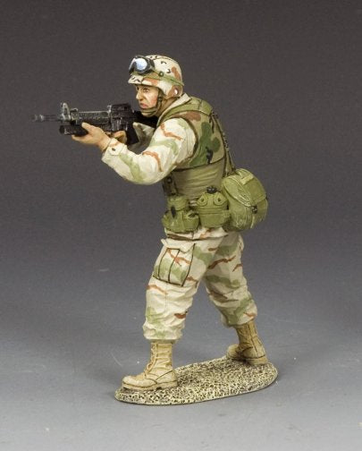 Ranger Firing M16A2/M203. Model of a soldier in camouflage uniform with a rifle on a gray background