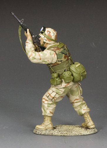 U.S. Army Ranger military miniature aiming M16A2 upwards, engaging rooftop enemies.