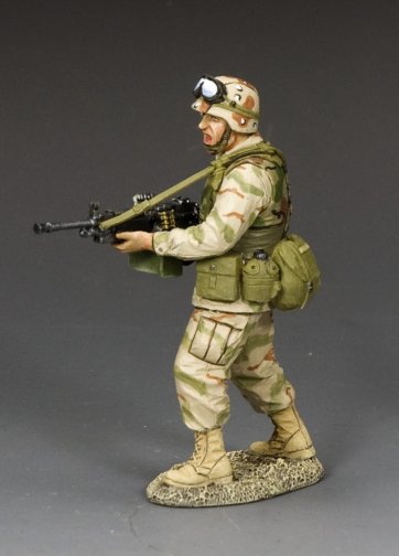 U.S. Army Ranger military miniature standing armed with M249 SAW light machine gun, ready for action.