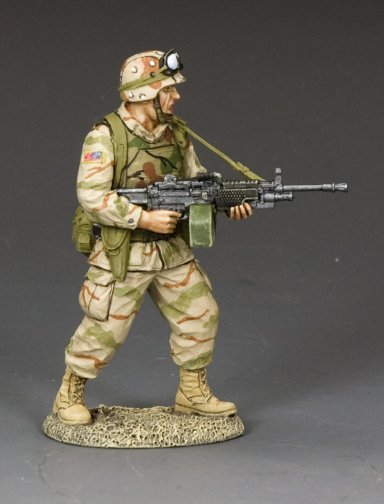 Ranger with M249 SAW. Toy soldier figure in camouflage uniform with rifle on a gray background