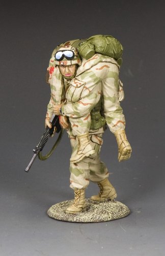 Model of a soldier in camouflage gear with a backpack and weapon on a gray background