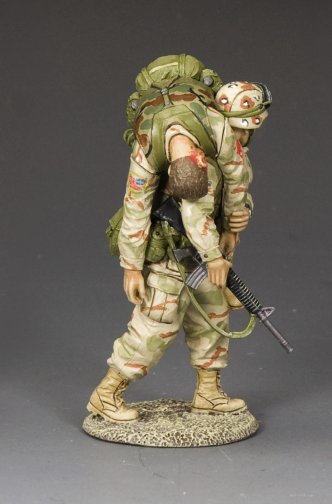 U.S. Ranger military miniature carries wounded comrade in fireman’s carry while gripping M16A2.