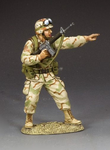 Ranger NCO Shouting Orders. Toy soldier in camouflage uniform with rifle on a gray background