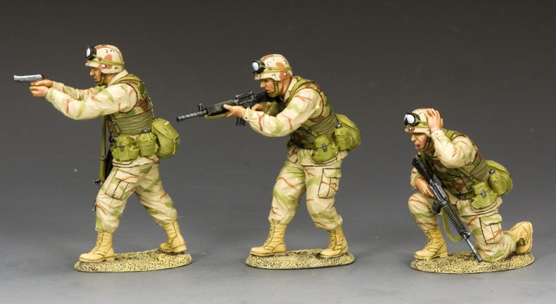 Ranger Fire Team. three military miniatures in formation.