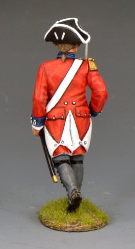 Rear view of British 4th Foot officer in red coat and tricorn hat, marching pose, 1/30 scale matte (BR100)