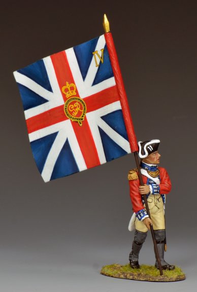 British 4th Regiment of Foot officer carrying King’s Colour Union Jack flag, 1/30 scale matte toy soldier, model BR104 (front view).