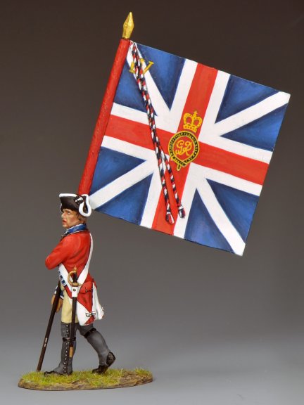 Side view: British 4th Foot officer standard bearer with large King’s Colour Union Jack and regimental crest, 1/30 matte figure BR104.