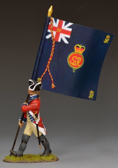King & Country BR105 4th Regiment of Foot officer carrying regimental colour, dark blue flag with Union Jack canton