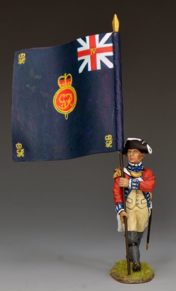 Rear view: BR105 4th Regiment of Foot colour bearer with dark blue regimental flag, gold finial, 1/30 matte figure