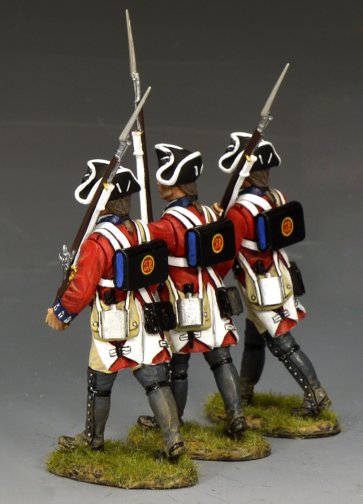 Rear view of BR107 Marching Redcoats: British 4th Foot in red coats with packs and shouldered muskets, 1/30 scale matte