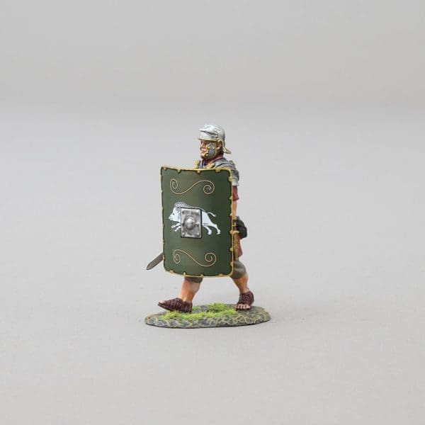 Collectible toy soldier miniature army men Advancing Legionnaire. He has a large shield.