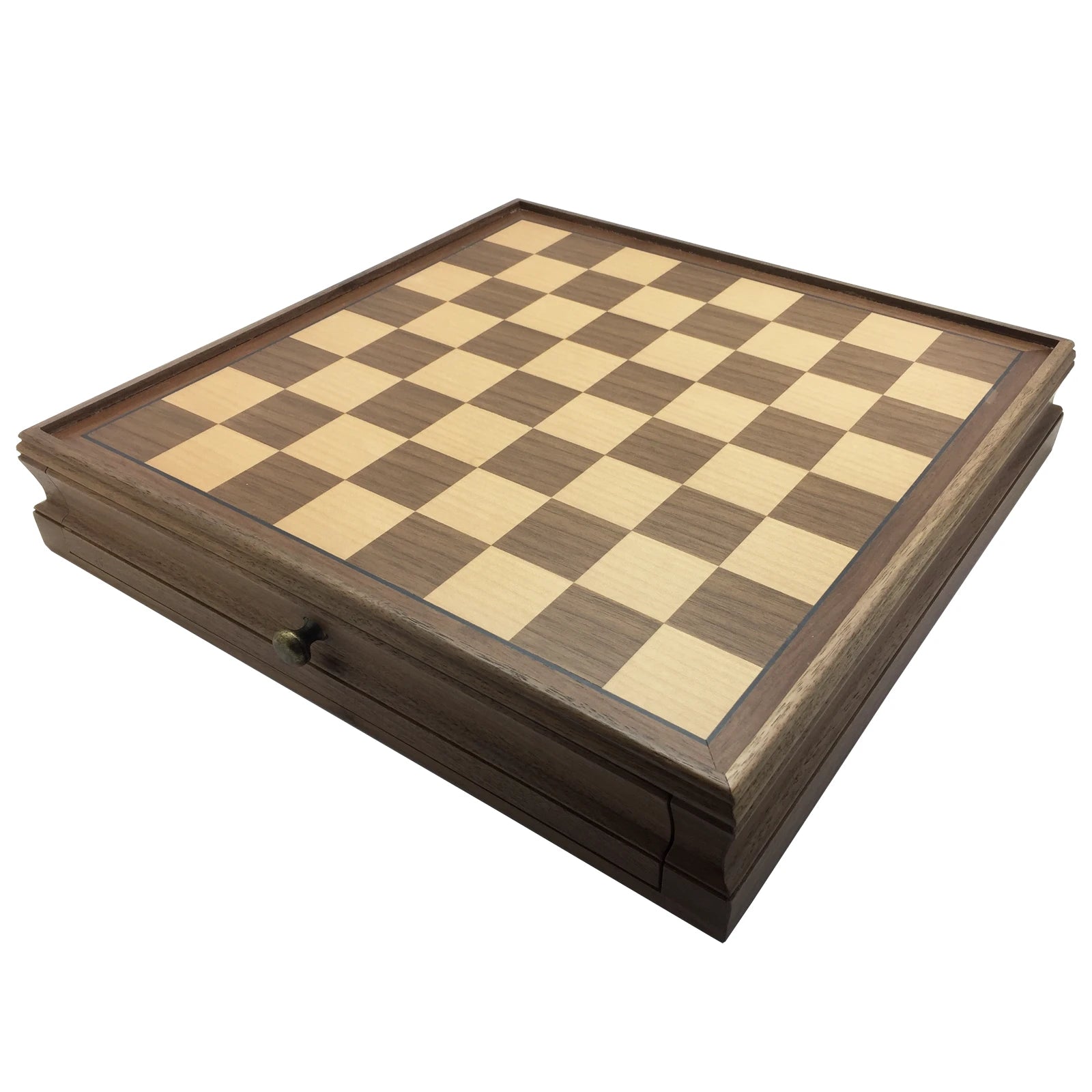 Wooded chess set board with drawers.