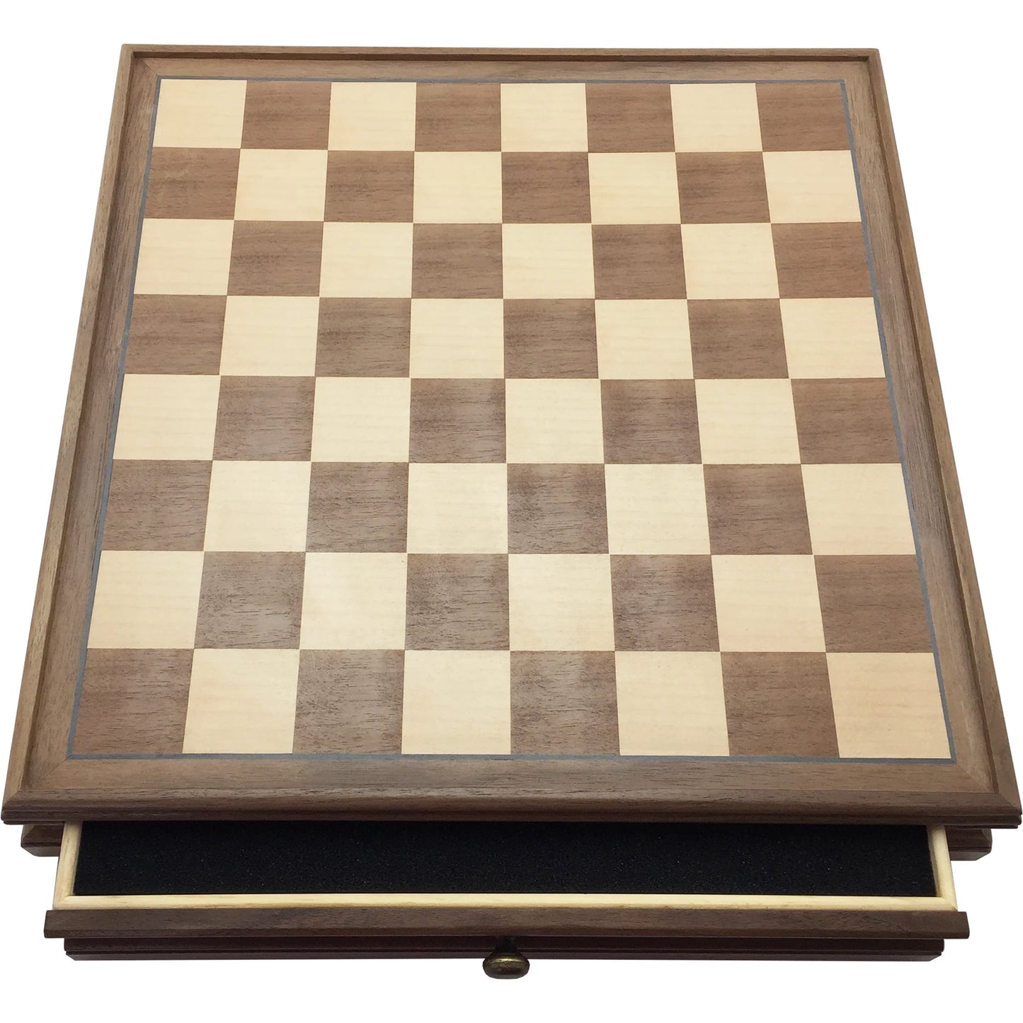 Wood chess board with drawers open.