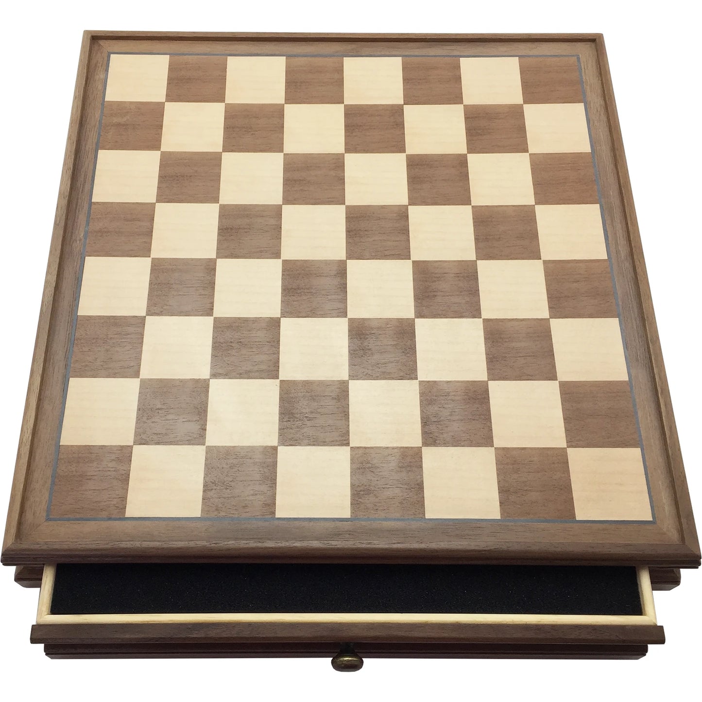 Wood chess set with drawer open.