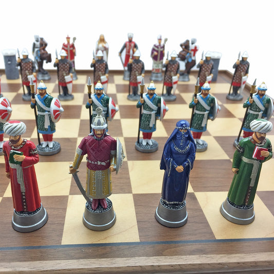 Hand painted Crusades Chess Set on wood chess board.