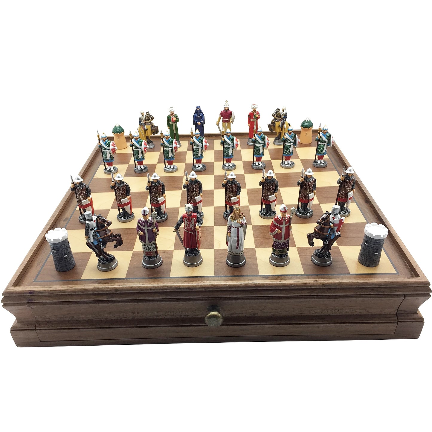 Hand painted Crusades Chess Set. Wood chess with drawers.
