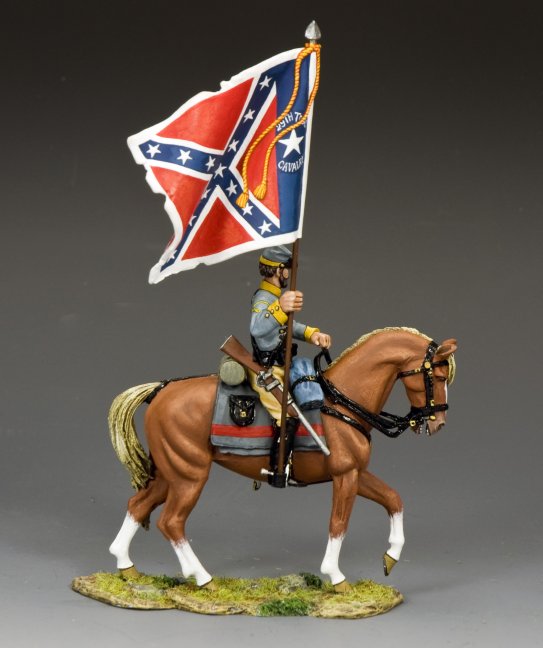 29th Texas Cavalry Flagbearer toy soldier on horseback holding a Confederate flag against a gray background