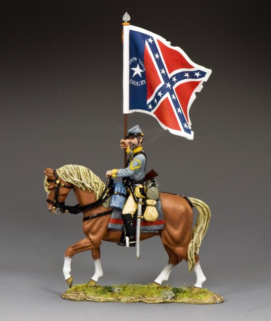 29th Texas Cavalry Flagbearer toy soldier on horseback with a Confederate flag against a gray background