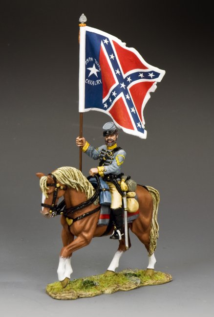 Military miniature figure of a soldier on horseback holding a Confederate flag against a gray background