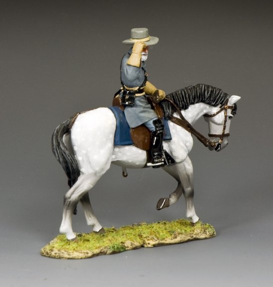 Military miniature figurine of Confederate General Robert E. Lee tipping his hat while mounted on his horse Traveller, on a grassy base.