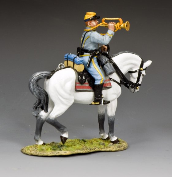 Military miniature of a Confederate cavalry trumpeter from the 29th Texas, riding a white horse and sounding a bugle.