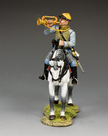 Model of a soldier on horseback with a trumpet against a gray background