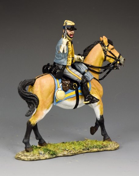 Confederate Cavalry Officer toy soldier on horseback with detailed attire and equipment on a gray background