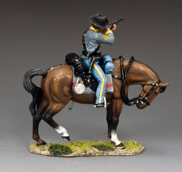 Confederate Cavalry Sgt. Firing Carbine on horseback with a rifle against a gray background