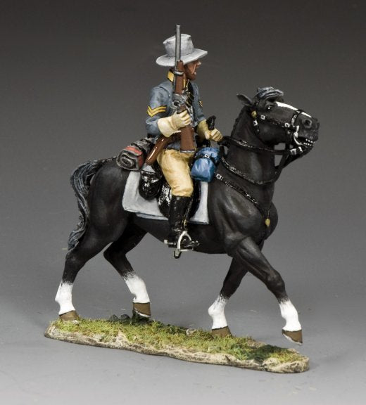 Confederate Cavalry Corp. Holding Carbine Toy soldier of a Confederate cavalry corporal on a black horse, holding a carbine while moving into firing position.