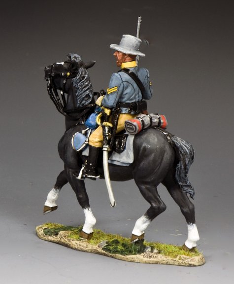 Confederate Cavalry Corp. Holding Carbine military miniature of a Confederate cavalry corporal on a black horse, holding a carbine while moving into firing position.
