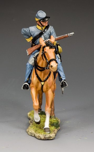 Toy soldier Confederate Cavalry Trooper Loading Carbine on horseback wearing gray uniform and blue trousers.