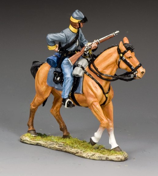 military miniature Confederate Cavalry Trooper Loading Carbine on horseback wearing gray uniform and blue trousers.