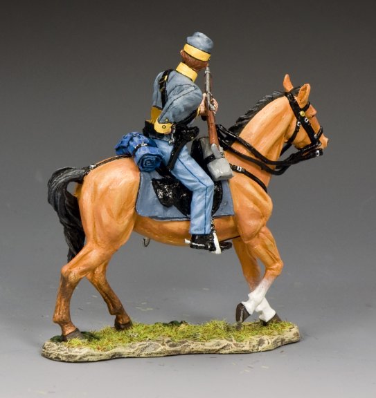 side view of Toy soldier Confederate Cavalry Trooper Loading Carbine on horseback wearing gray uniform and blue trousers.
