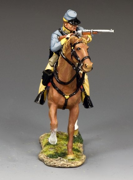 Confederate Cavalry Trooper Aiming Carbine Toy soldier trooper on horseback aiming a carbine, resting the barrel on his left arm.
