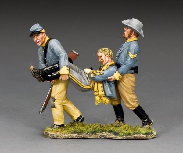 Military miniature set of two Confederate soldiers carrying a wounded officer off the battlefield, all in gray and yellow-trimmed uniforms.