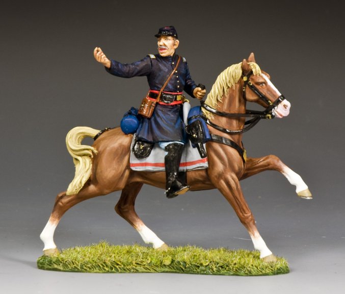 Model of Colonel John W. McLane on horseback in military attire on a gray background on a field of grass.