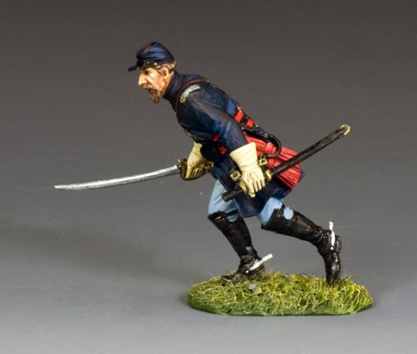 King and Country's Infantry Lieutenant with Sword: a detailed miniature of a Union Civil War soldier in blue uniform, running forward with sword drawn on a grassy base, set against a plain gray background.