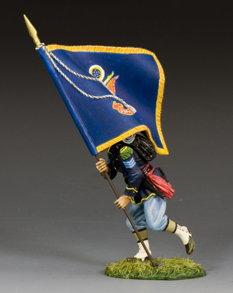 Model figure of a soldier holding a flag on a gray background