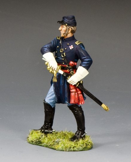 A painted military miniature figurine of a Civil War-era General in a blue uniform, black boots, and hat, holding a sword, standing on a grassy base, looking to the left.