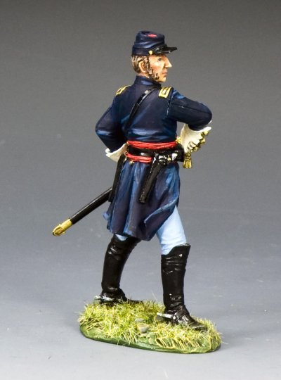Military miniature Toy soldier Brigadier General Strong Vincent in Civil War uniform with a sword on a gray background
