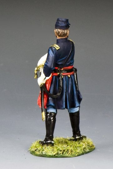 Rear view of military miniature Brigadier General Strong Vincent Figurine in historical uniform with a gray background