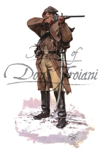 Confederate Cavalryman. Illustration of a soldier in uniform with a rifle on a white background