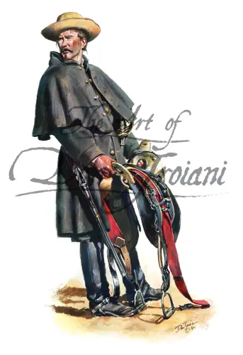7th Virginia Cavalry, Dismounted. Illustration of a man in historical military attire with a rifle, wearing a wide-brimmed hat.