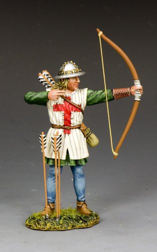 Figurine of a archer in historical attire with a bow and quiver on a gray background