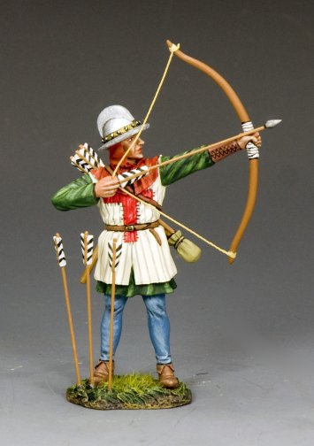 Model figure of a archer in historical attire with bow and arrows on a gray background
